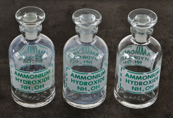 three matching c. 1940's antique american industrial "pyrex" brand intact and original chemistry research laboratory reagent bottles with baked on green enameled lettering