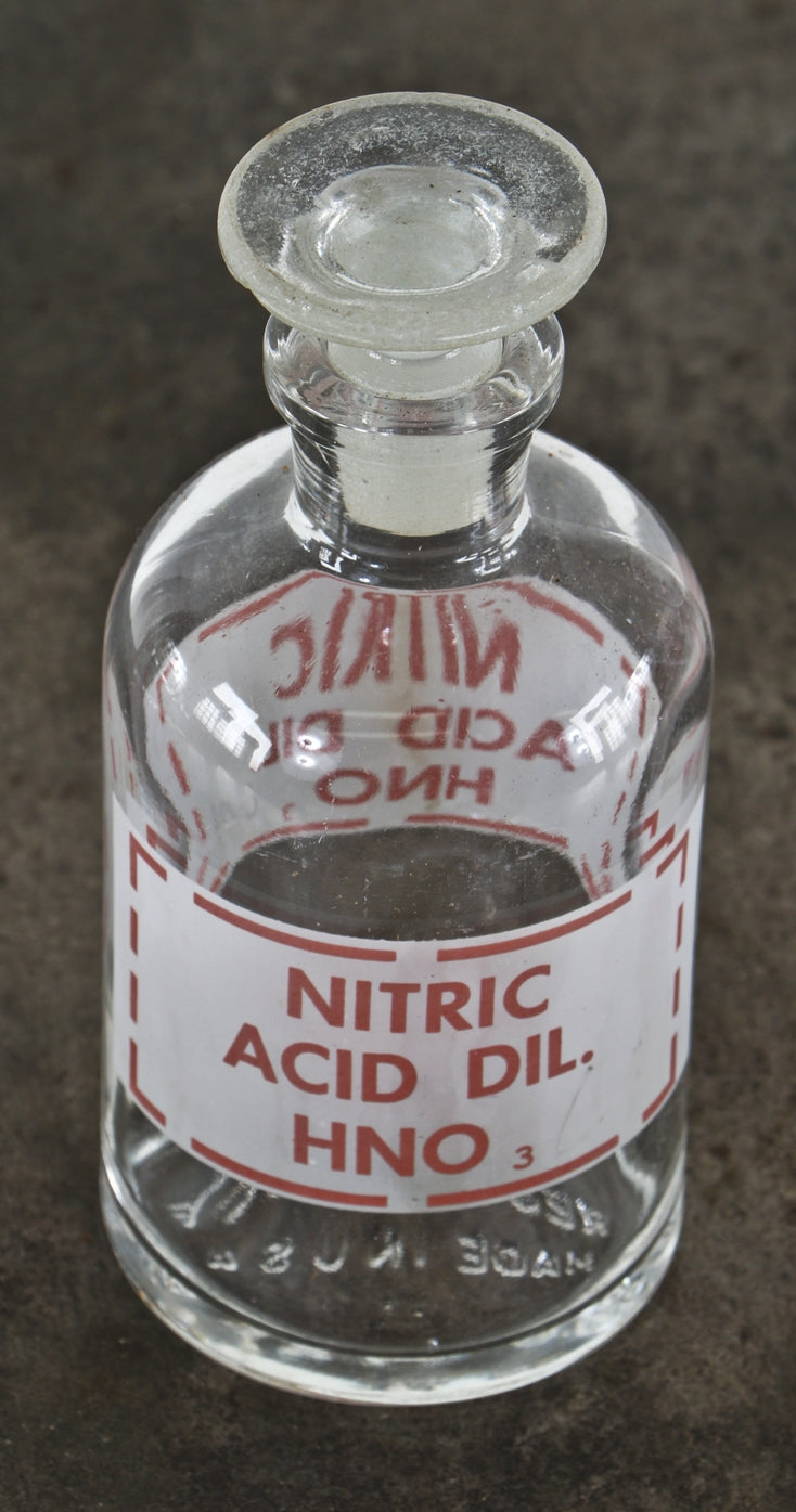 c. 1940's antique american industrial "pyrex" brand intact and original chemistry research laboratory reagent bottles with baked on green enameled lettering