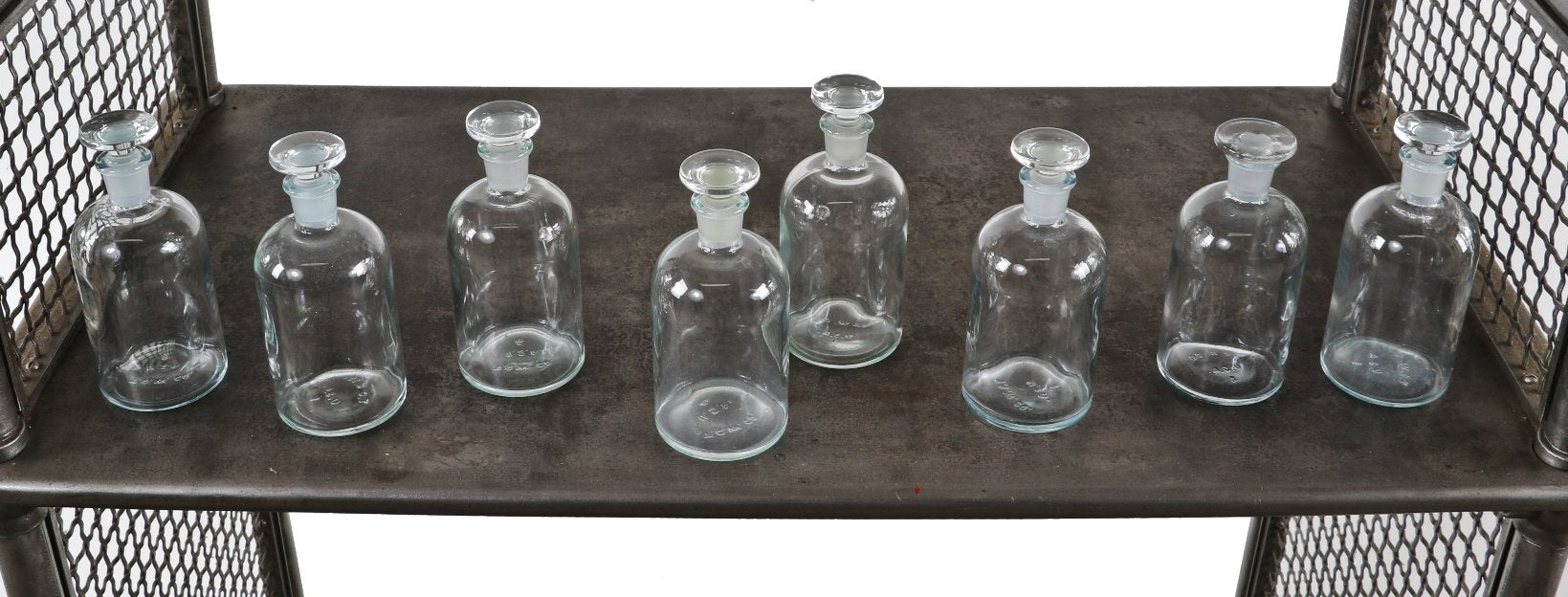 large lot of matching vintage new old stock university of chicago research laboratory clear glass reagent bottles with intact ground glass stoppers