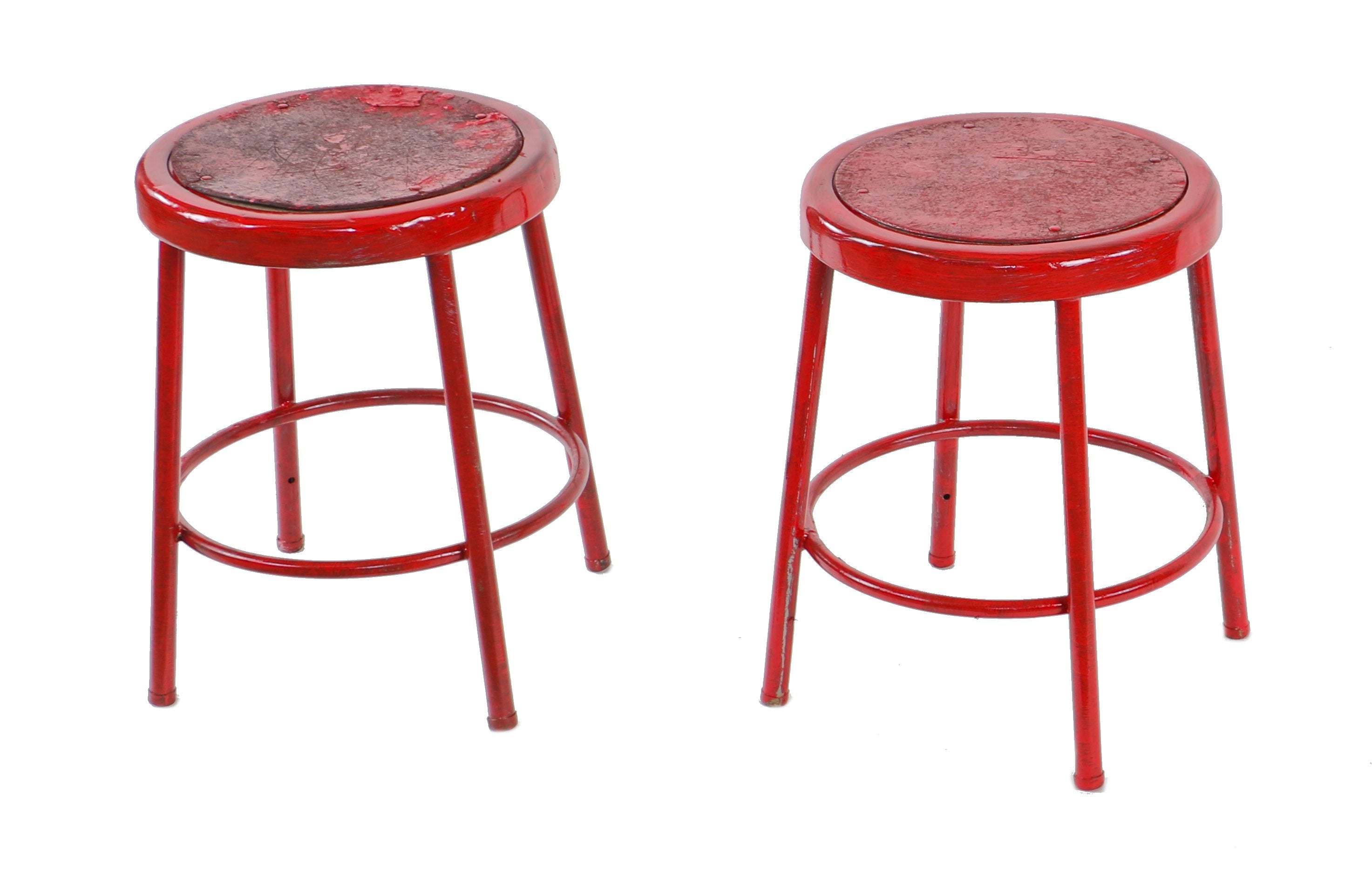 matching pair of original c. 1950's american industrial bright red enameled bent tubular steel four-legged factory machine shop stools with intact circular-shaped seats