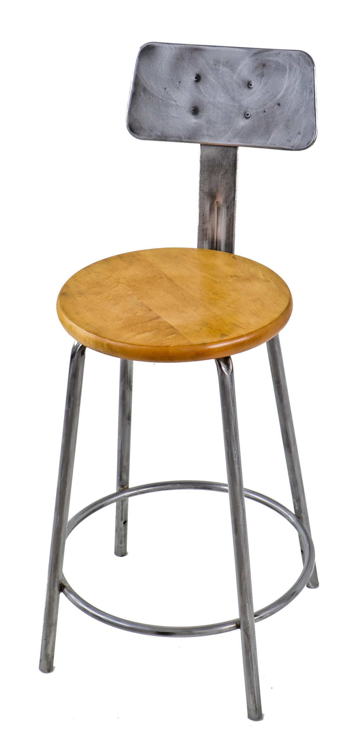 single refinished c. 1950's american industrial four-legged bent tubular steel and solid maple wood stationary factory machinist stool with rounded edge backrest