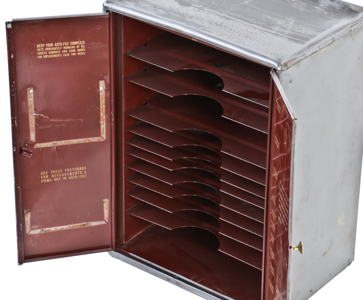 original and intact c. 1940's american industrial freestanding clean and compact "fireproof" all-metal printing shop heavily compartmentalized filing cabinet with intact brass knobs