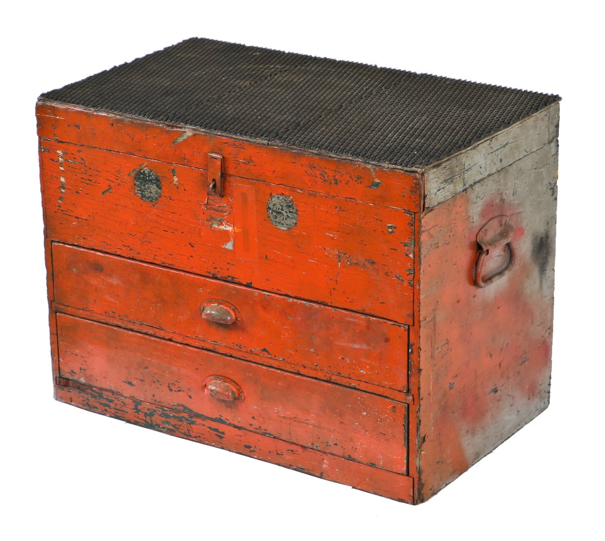 strongly constructed c. 1920's original oversized distressed orange and gray painted american industrial pipe fitter's tool chest with opposed stanley wrought steel carrying handles