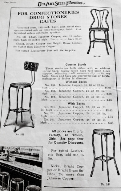 early 20th century american industrial pressed and folded riveted joint all-metal "perfection" soda fountain or druggist chair with fanciful curved backrest