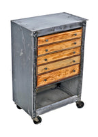 unusual c. 1940's modified lyon american industrial pressed and folded steel mobile cabinet with custom sliding wood drawers and spacious bottom open-ended compartment