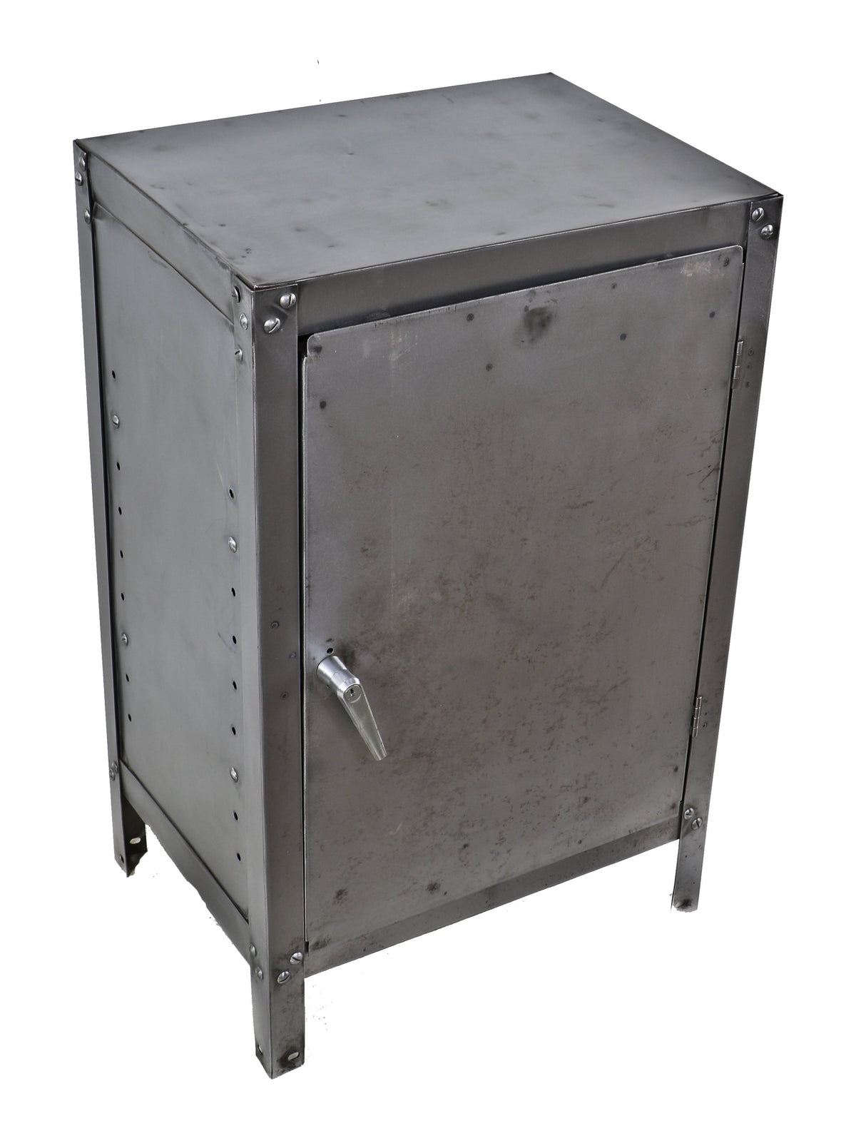 american industrial clean and compact refinished c. 1940's freestanding factory machine shop cold-rolled steel storage cabinet with single hinged door and intact turn handle