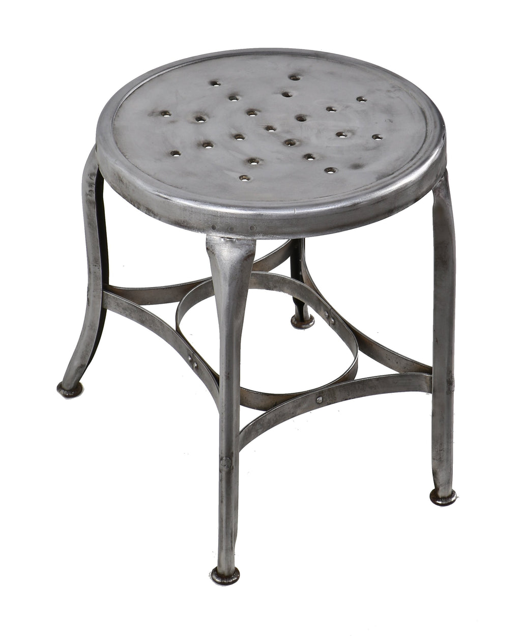 reconfigured early 20th century "uhl art steel" pressed and folded backless "perfection" chair with a uniform brushed metal finish sealed with a clear coat lacquer