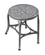 reconfigured early 20th century "uhl art steel" pressed and folded backless "perfection" chair with a uniform brushed metal finish sealed with a clear coat lacquer