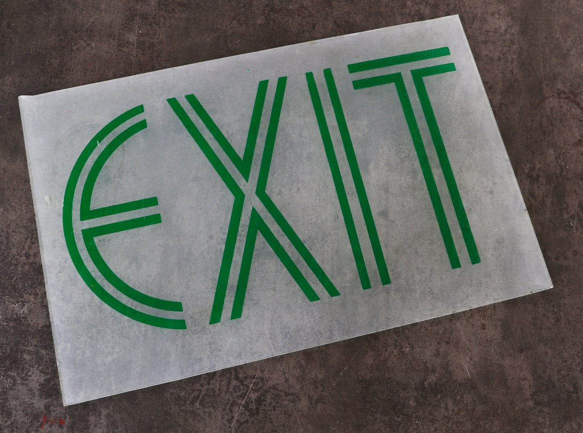 original "new old stock" c. 1930's american depression era art deco streamlined style frosted glass exit panel with intact baked-on green enameled finish