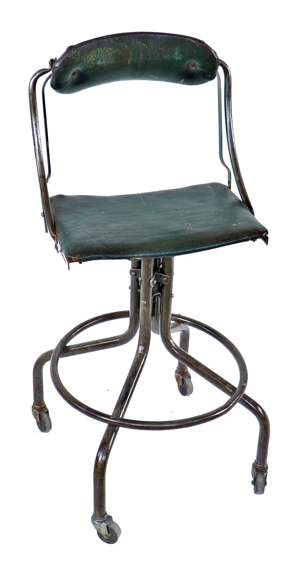 all original and intact c. 1940's american industrial versatile bent tubular steel mobile "do-more" aeronautics factory chair or stool with cushioned seat and contoured backrest