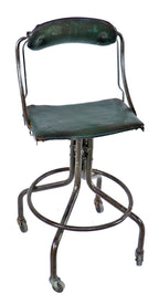 all original and intact c. 1940's american industrial versatile bent tubular steel mobile "do-more" aeronautics factory chair or stool with cushioned seat and contoured backrest