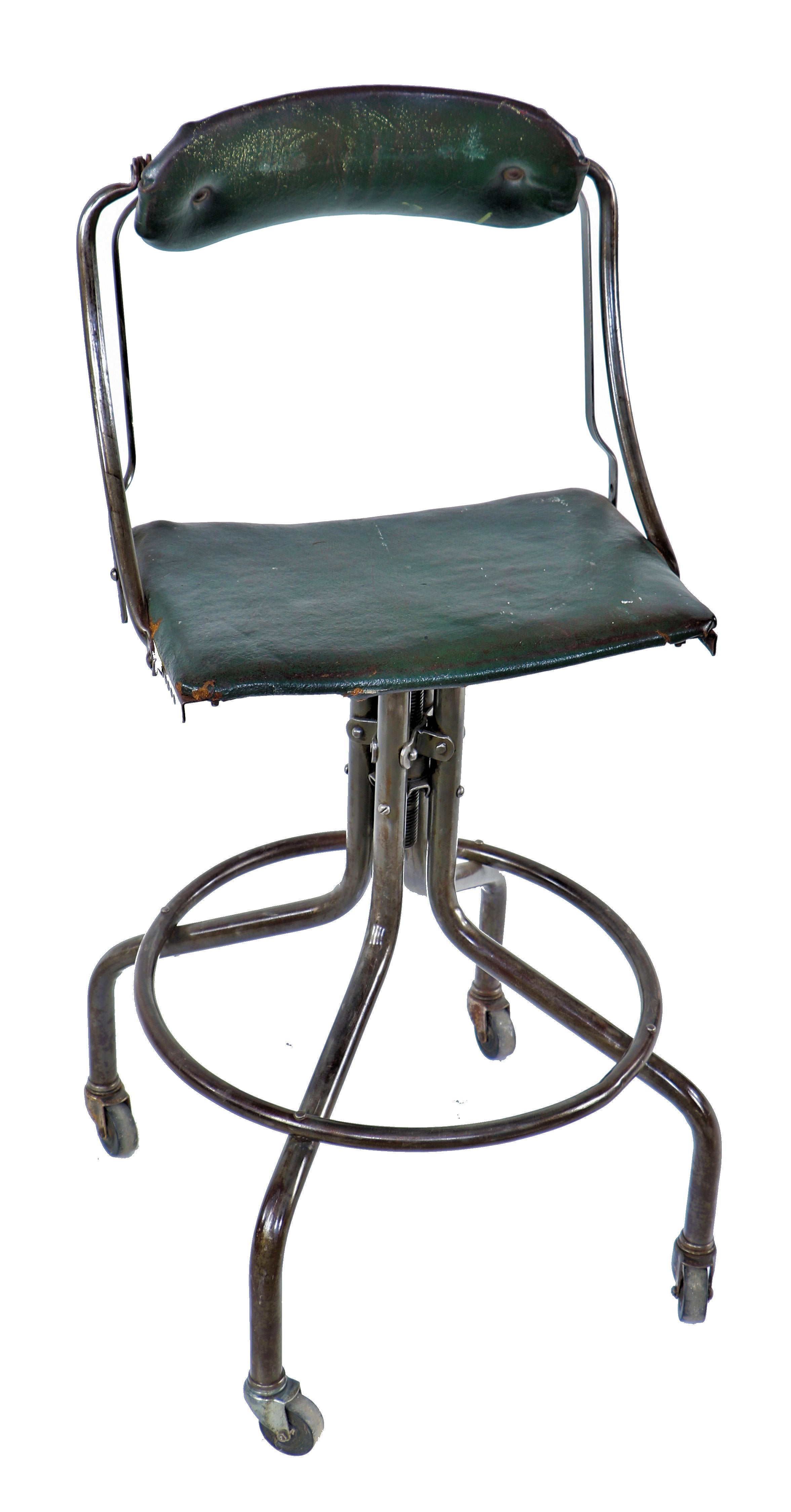all original and intact c. 1940's american industrial versatile bent tubular steel mobile "do-more" aeronautics factory chair or stool with cushioned seat and contoured backrest
