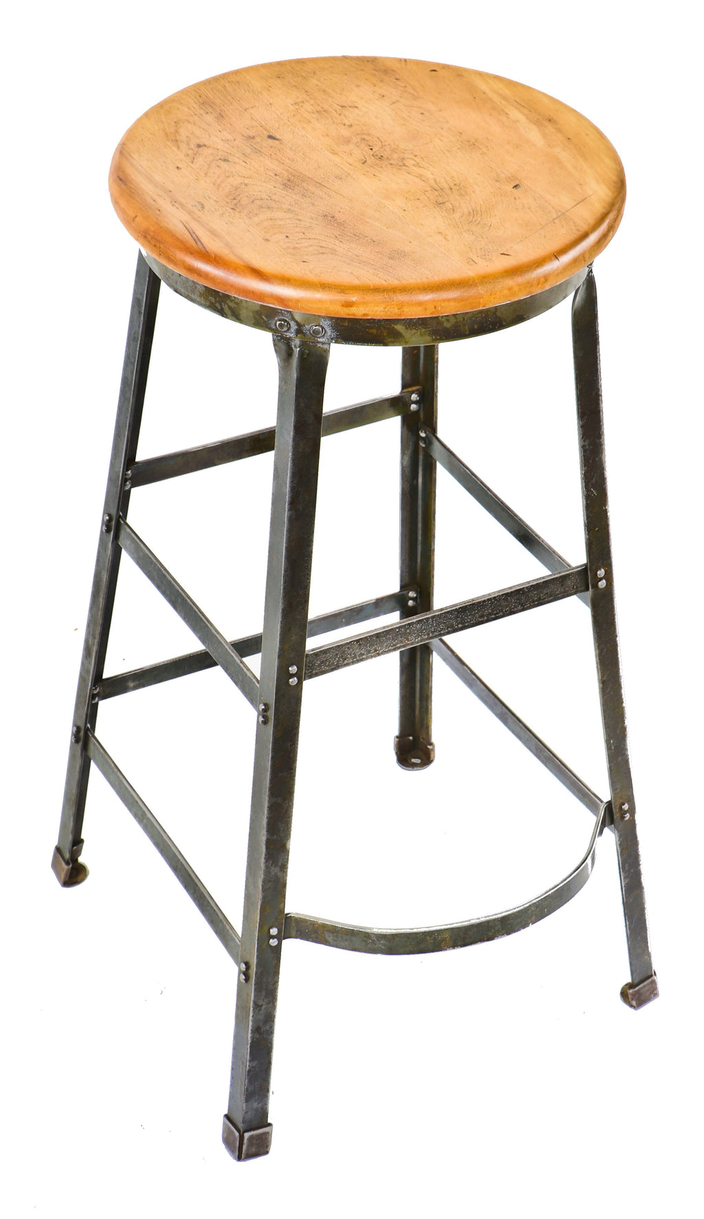 late 1930's or early 1940's american industrial four-legged riveted joint refinished angled steel aeronautics part factory machine shop stool with footrest