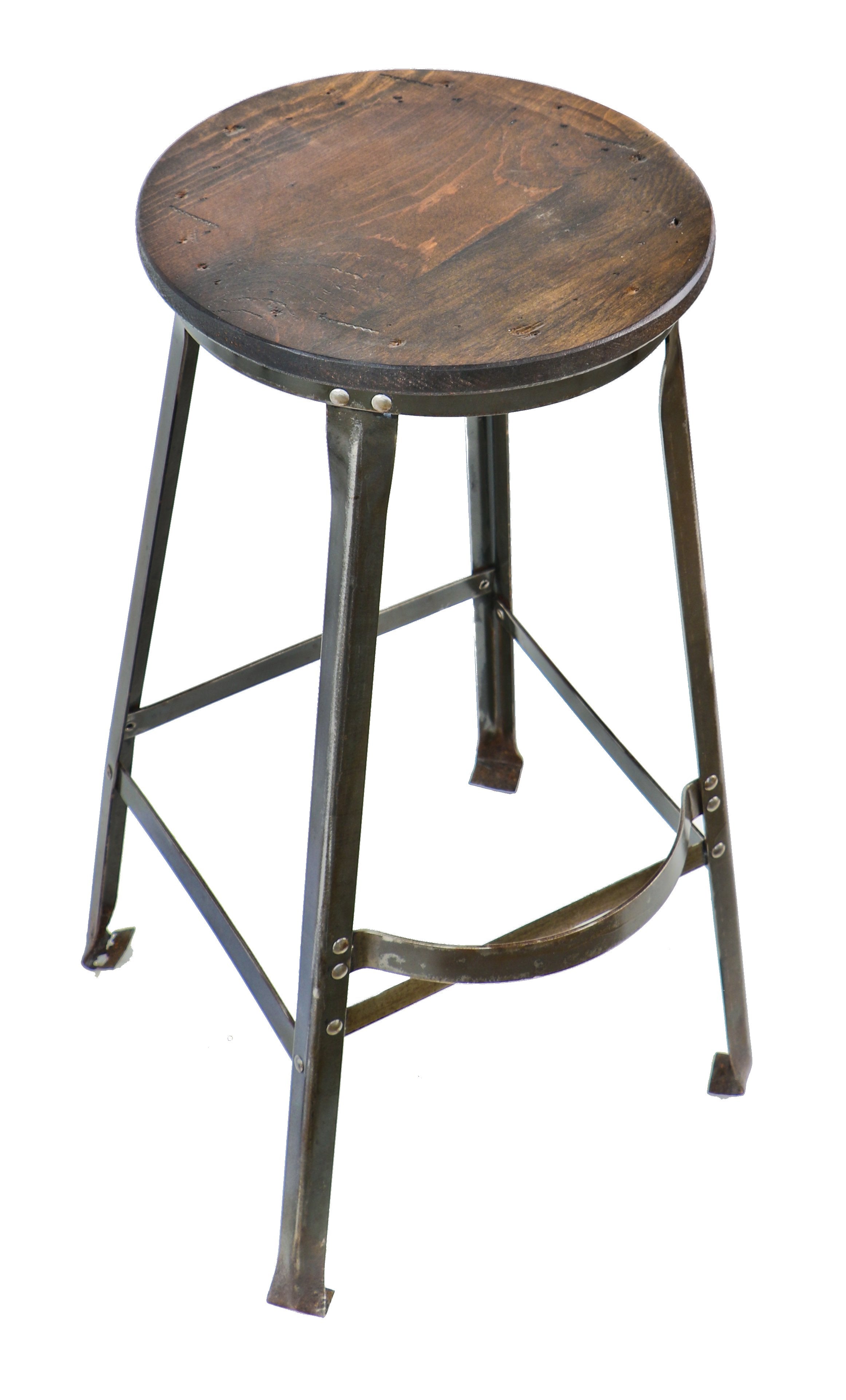 original vintage american industrial all-riveted joint four-legged stationary angled steel factory machinist stool with original sanded and sealed wood seat