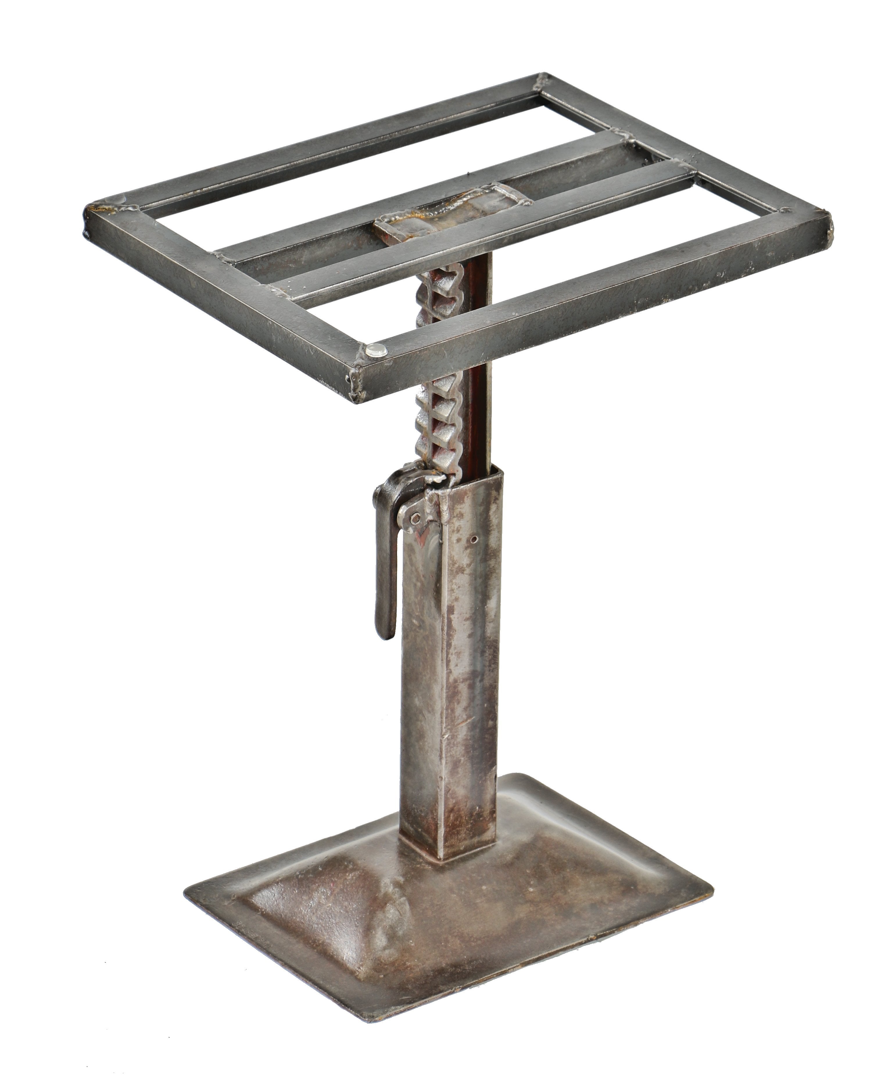 fully adjustable c. 1940's repurposed pressed and folded steel stationary automotive jack side table with newly added welded joint angled metal top