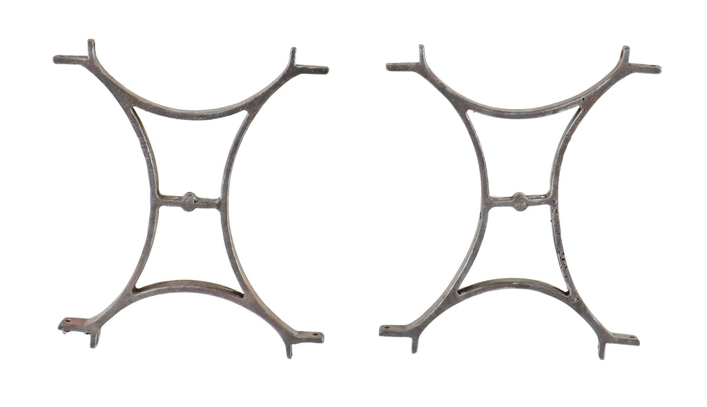 matching set of refinished early 20th century american industrial curvaceous cast iron bases with l-shaped bracketed ends on the top and bottom of each base
