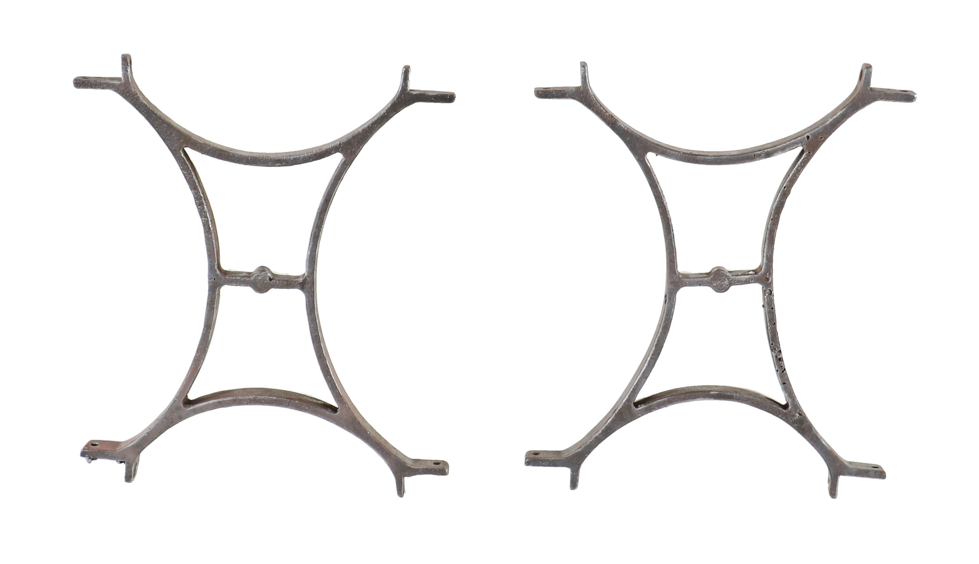 matching set of refinished early 20th century american industrial curvaceous cast iron bases with l-shaped bracketed ends on the top and bottom of each base