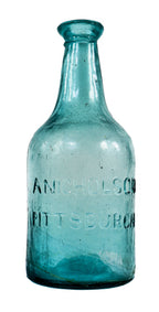 hard to find all original privy dug vibrant blue aqua handblown glass porter-shaped oversized quart soda or mineral water bottle manufactured for pittsburgh bottler a. nicholson