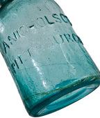 hard to find all original privy dug vibrant blue aqua handblown glass porter-shaped oversized quart soda or mineral water bottle manufactured for pittsburgh bottler a. nicholson
