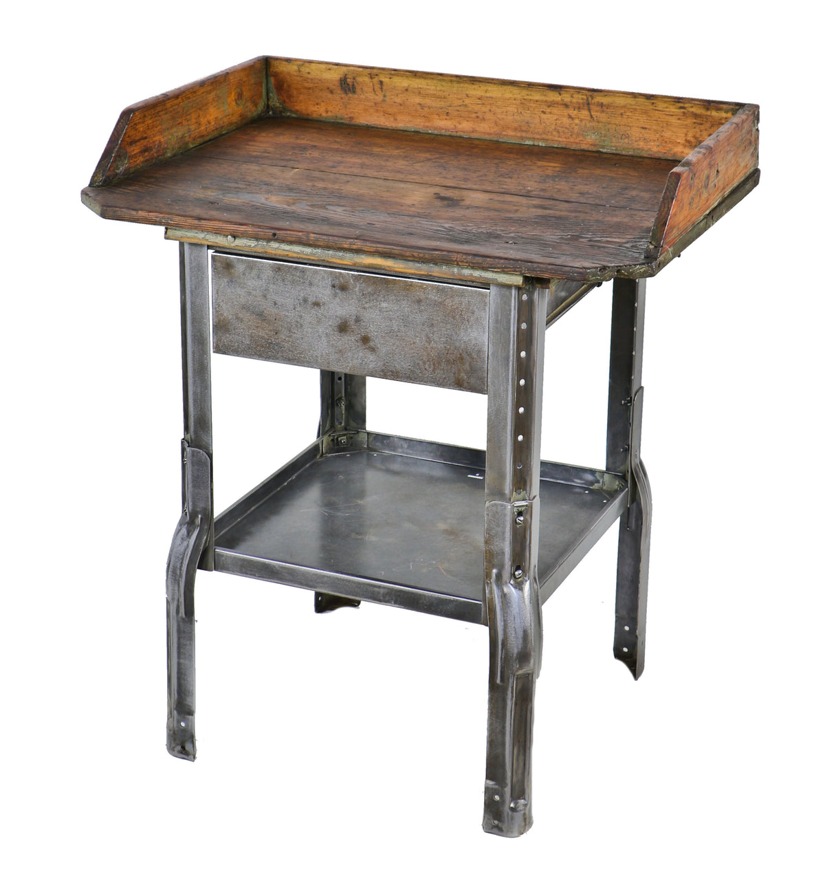 very unique c. 1940's aeronautics factory american industrial compact stationary workbench with adjustable pressed and folded brushed metal base and original top