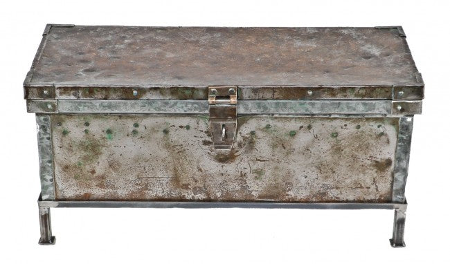 repurposed c. 1940's factory machine shop robust custom-built riveted joint heavy gauge steel strong box coffee table with a custom welded joint detachable angled steel stand