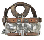 unusual c. 1930's american antique industrial depression era refinished leather and wrought steel patented "bull blinder" with intact stitched head straps