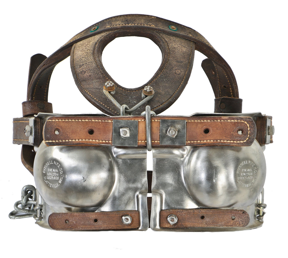unusual c. 1930's american antique industrial depression era refinished leather and wrought steel patented "bull blinder" with intact stitched head straps
