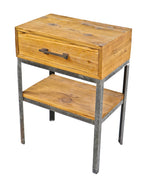 repurposed american vintage industrial all-welded joint "otsteel" two tier factory work stand with newly added distressed cedar top drawer and matching undershelf