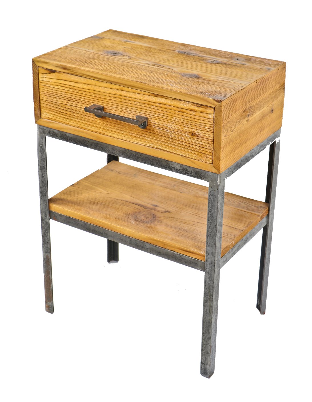 repurposed american vintage industrial all-welded joint "otsteel" two tier factory work stand with newly added distressed cedar top drawer and matching undershelf