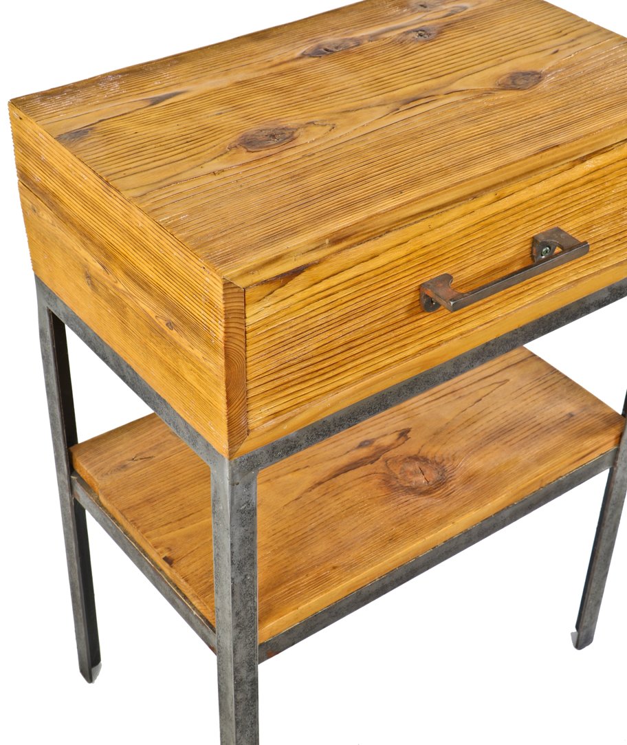 repurposed american vintage industrial all-welded joint "otsteel" two tier factory work stand with newly added distressed cedar top drawer and matching undershelf