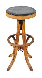 all original and completely intact highly collectible late 19th century antique american industrial model "2307k" solid oak wood adjustable height drafting stool with original woven fabric seat