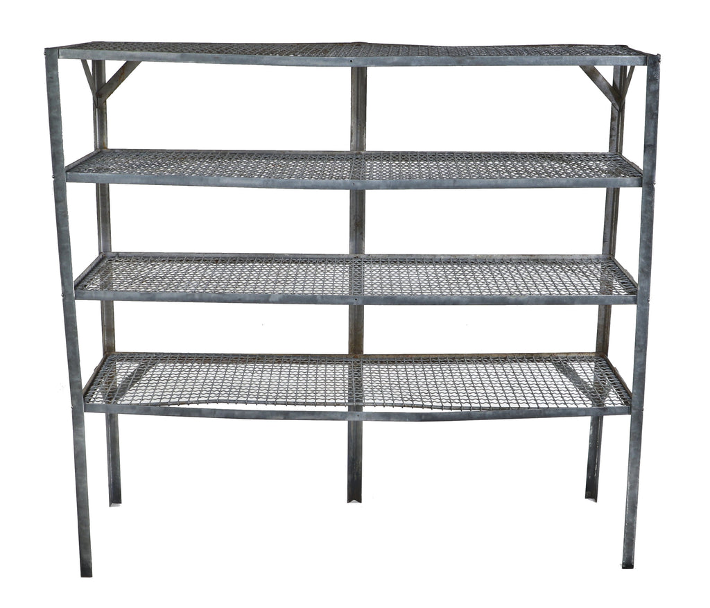 late 1930's american industrial custom-built brushed metal stationary oversized riveted joint four-tier shelving unit with detachable corrugated wire shelves