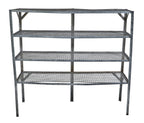 late 1930's american industrial custom-built brushed metal stationary oversized riveted joint four-tier shelving unit with detachable corrugated wire shelves