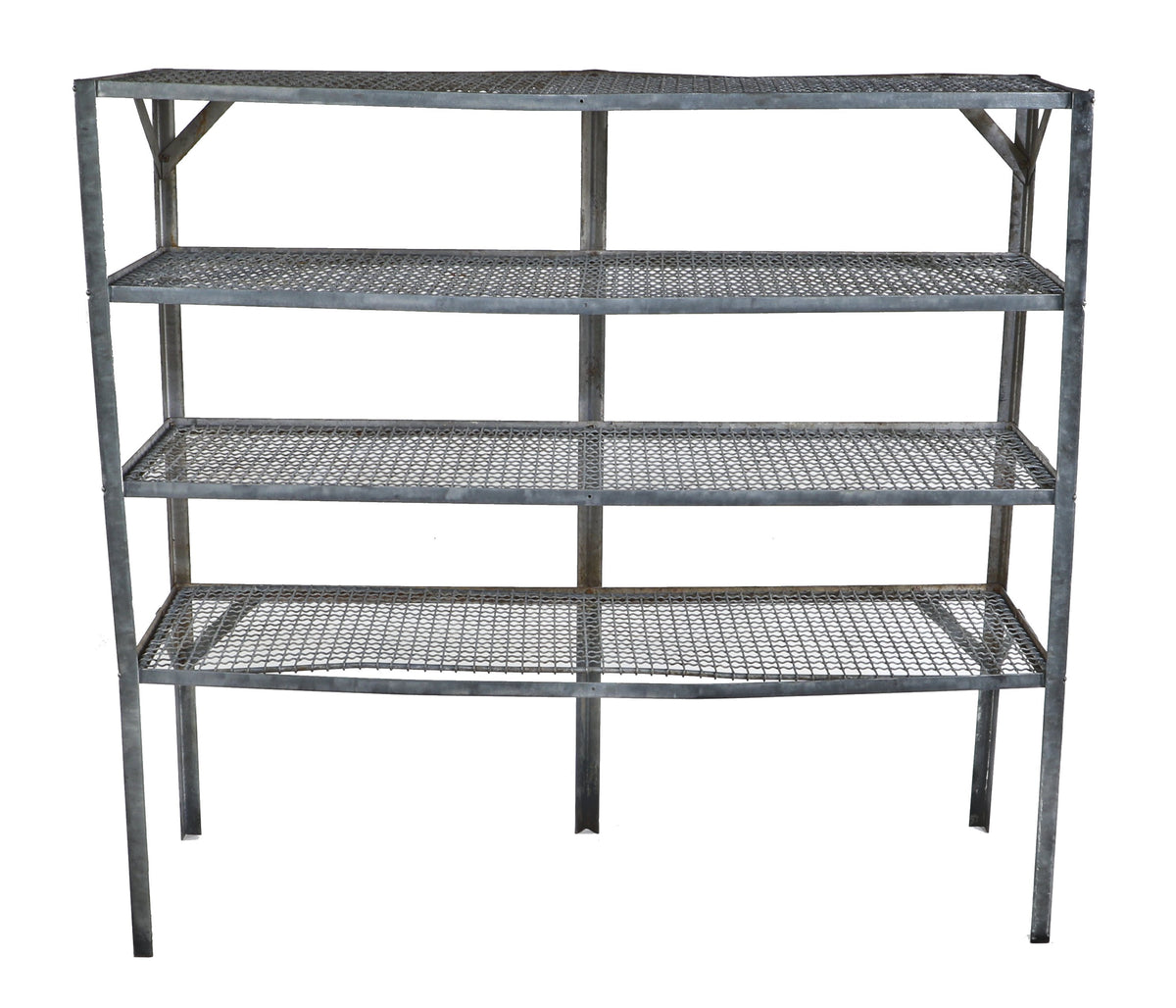 late 1930's american industrial custom-built brushed metal stationary oversized riveted joint four-tier shelving unit with detachable corrugated wire shelves