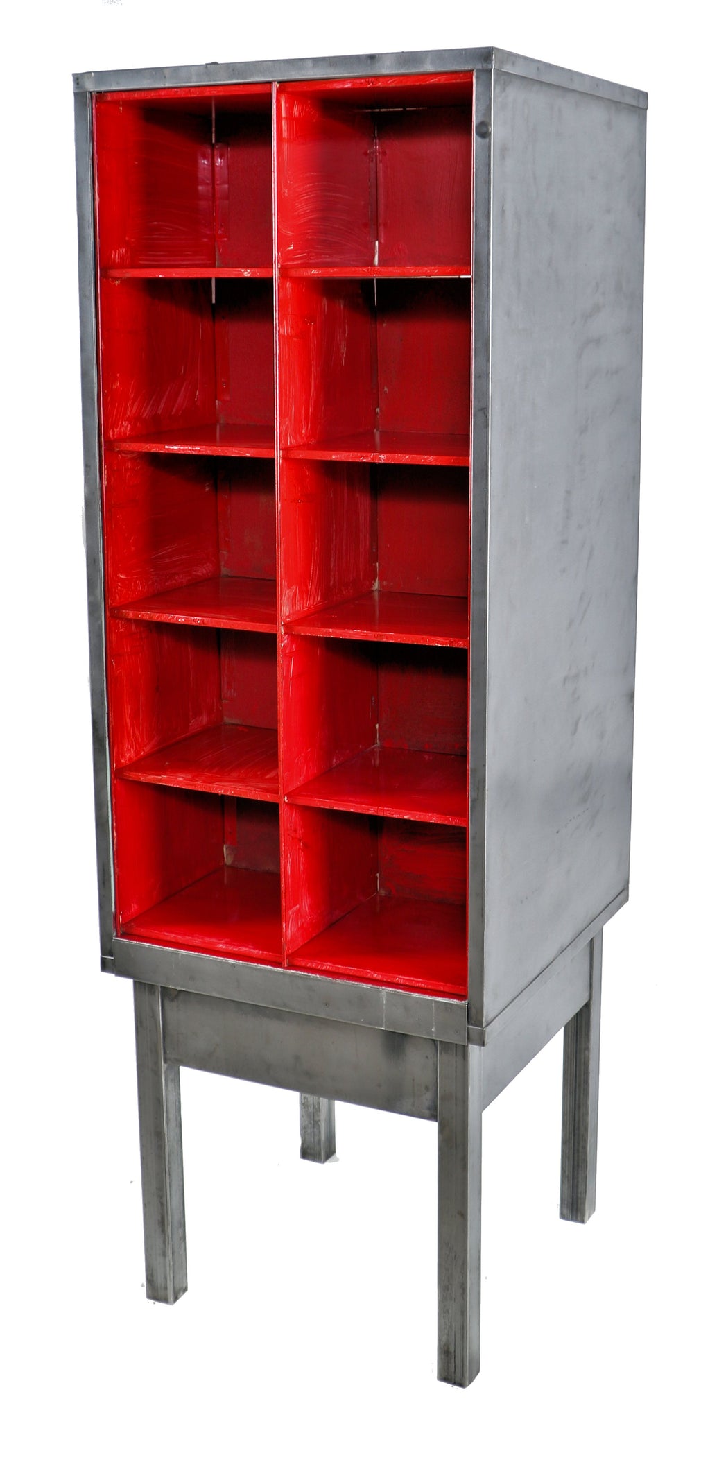 double-sided heavily compartmentalized pressed and folded steel chicago post office mail sorting workstation with brushed metal exterior