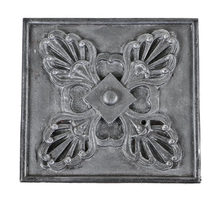 original and remarkably intact single 19th century square-shaped ornamental salvaged chicago antique cast iron building facade mullion endcap with a deep relief palmette design relief
