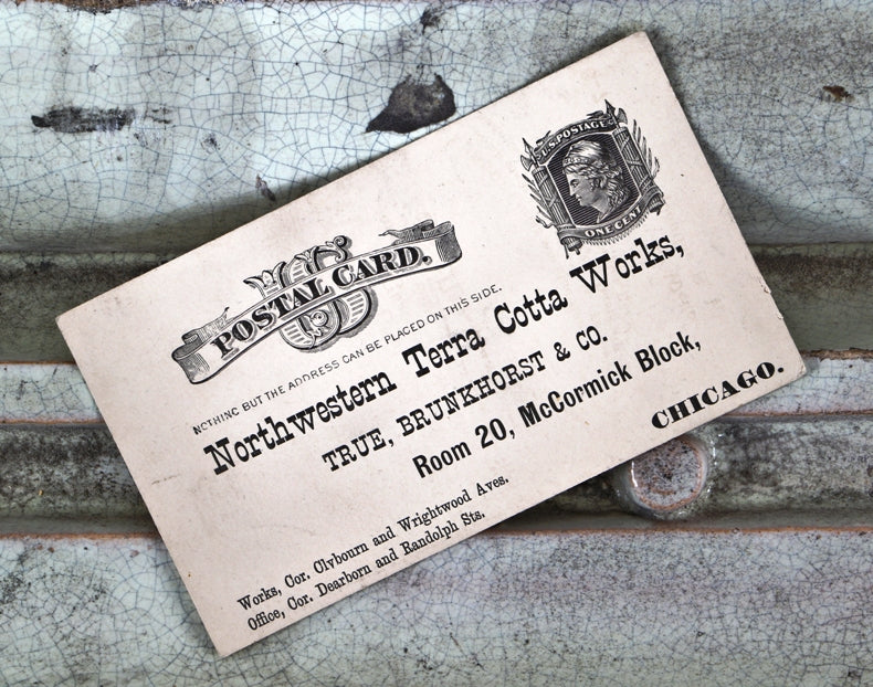 very rare c. 1880's original and unsent double-sided highly stylized heavy card stock early northwestern terra cotta company work order united states postal card