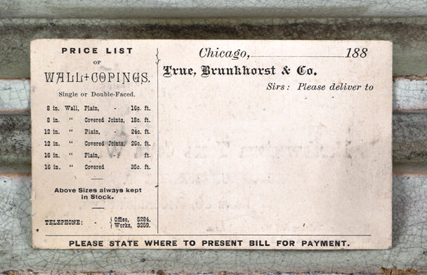 very rare c. 1880's original and unsent double-sided highly stylized heavy card stock early northwestern terra cotta company work order united states postal card