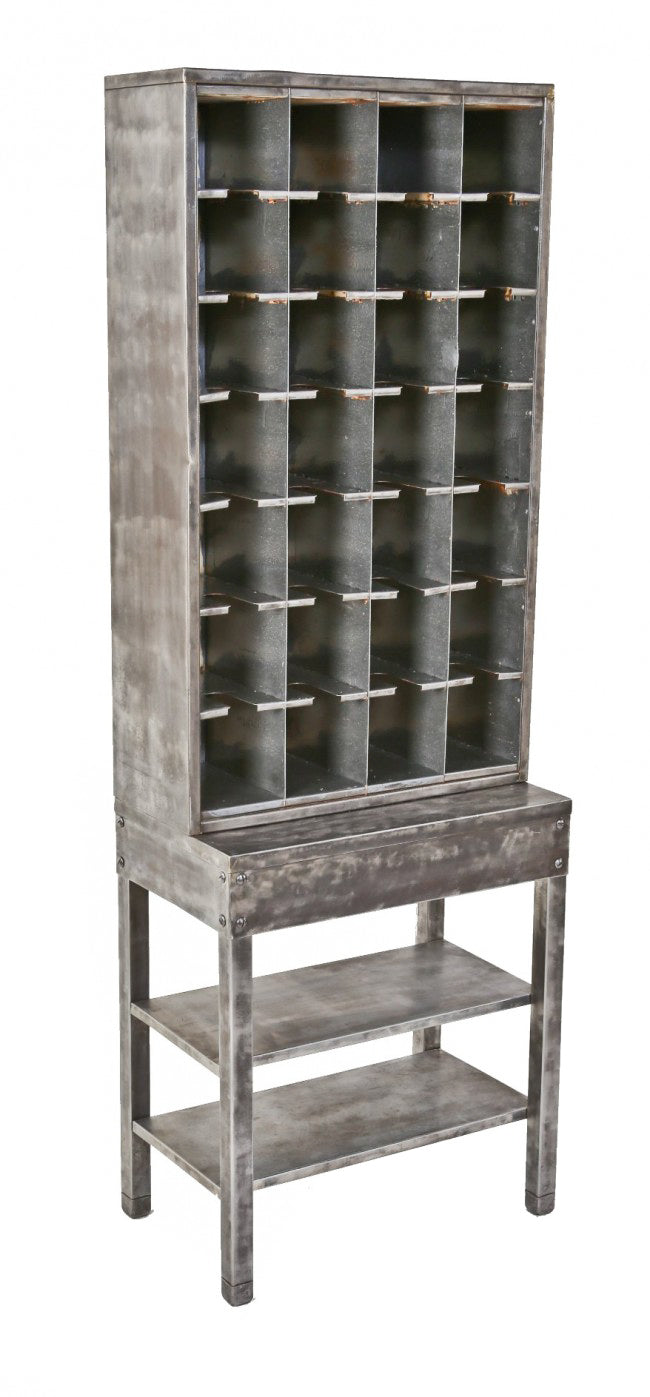 seldom found original and intact late 1930's freestanding reinforced heavy gauge steel compartmentalized mail sorter