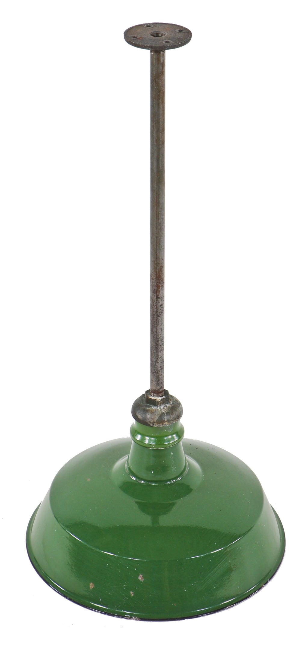 single all original and well-maintained early 1920's factory machine shop green porcelain enameled "standard" bowl reflector with intact ceramic incandescent socket
