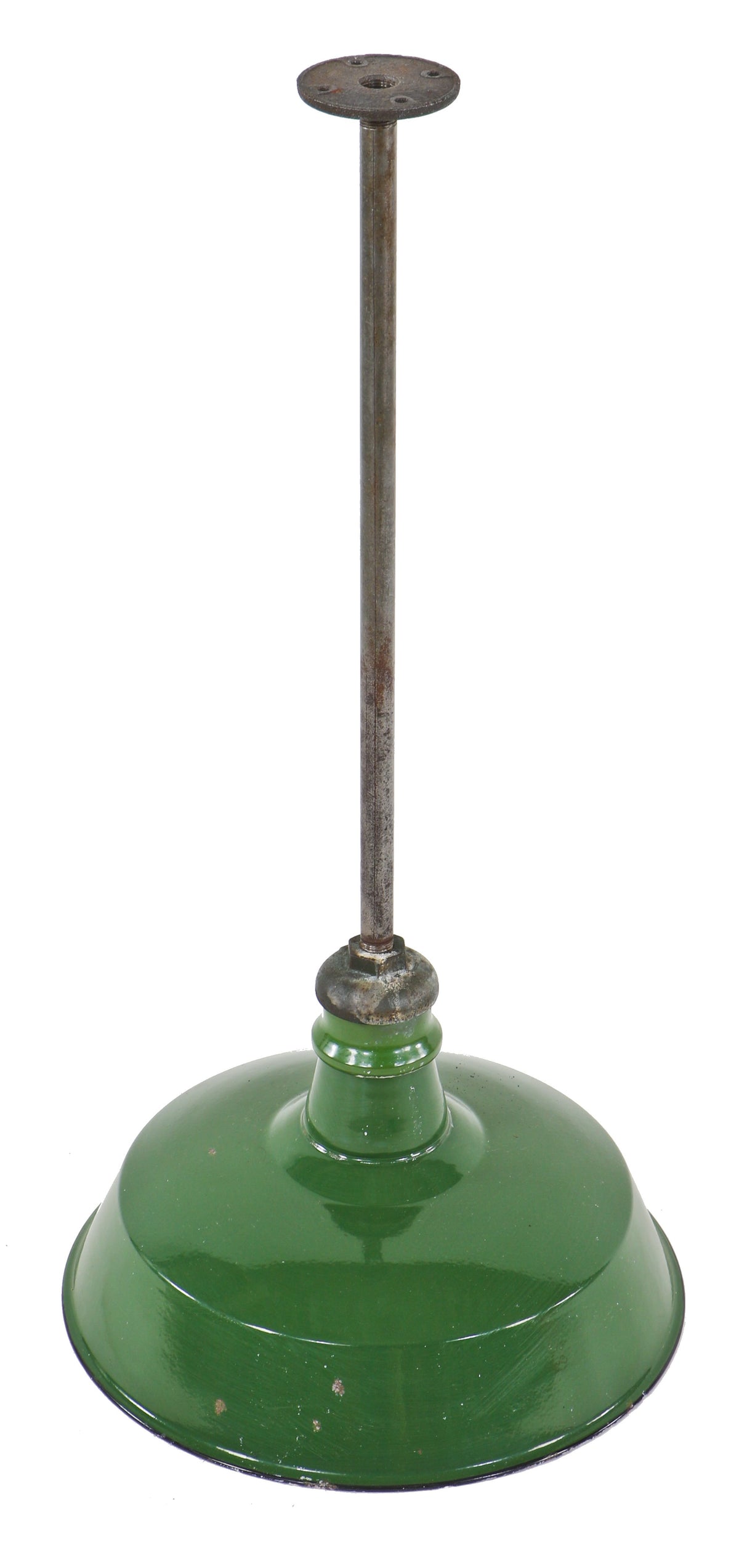 single all original and well-maintained early 1920's factory machine shop green porcelain enameled "standard" bowl reflector with intact ceramic incandescent socket