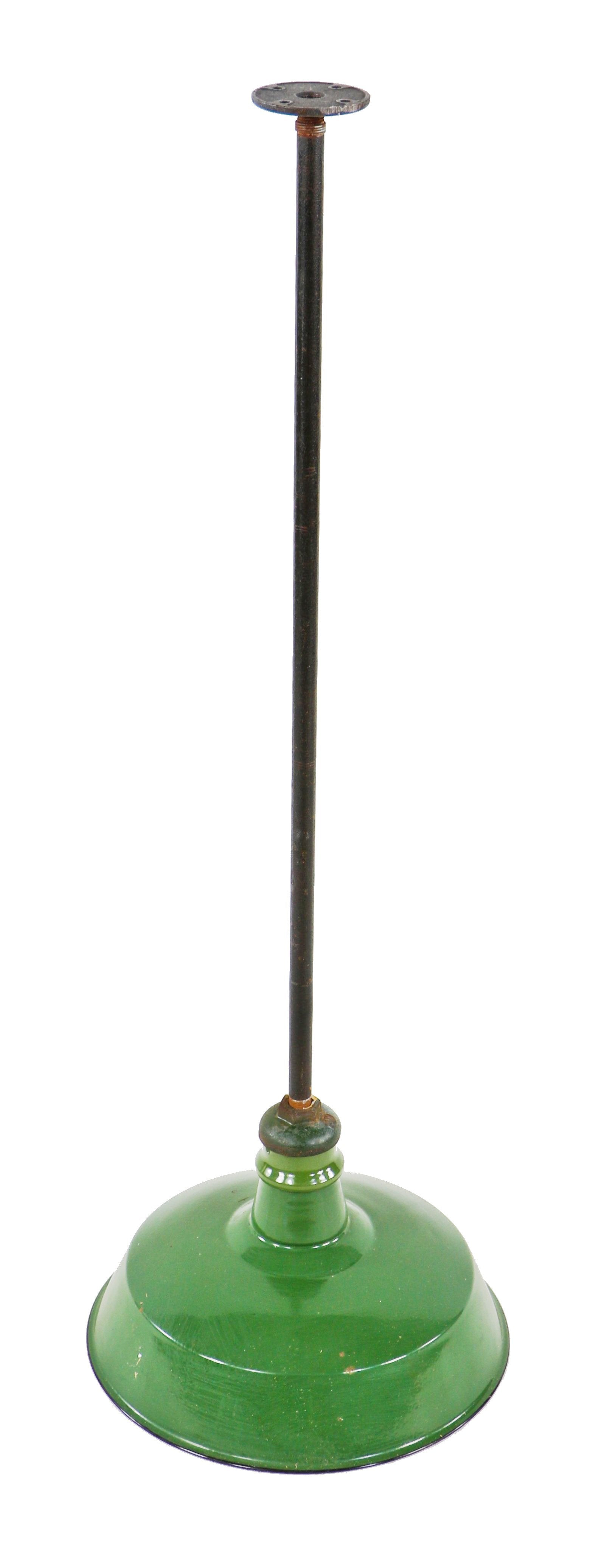 one of three matching early 1920's american antique industrial salvaged green porcelain enameled cold-rolled steel pendant light fixtures with "standard" benjamin reflector