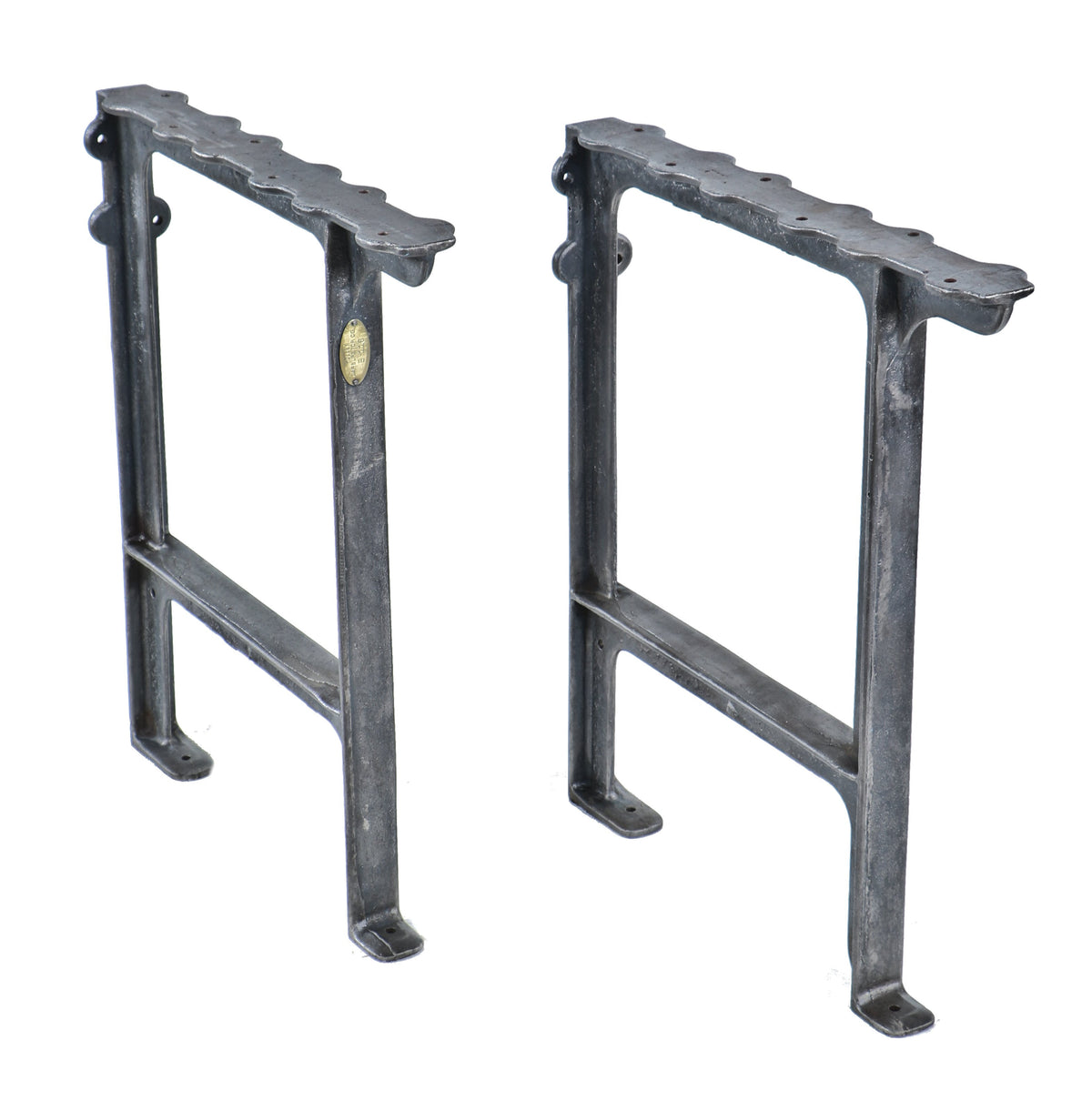 matching set of original c. 1915-18 heavy duty american industrial cast iron table bench "116" freestanding holley carburetor company bases with a uniform brushed metal finish