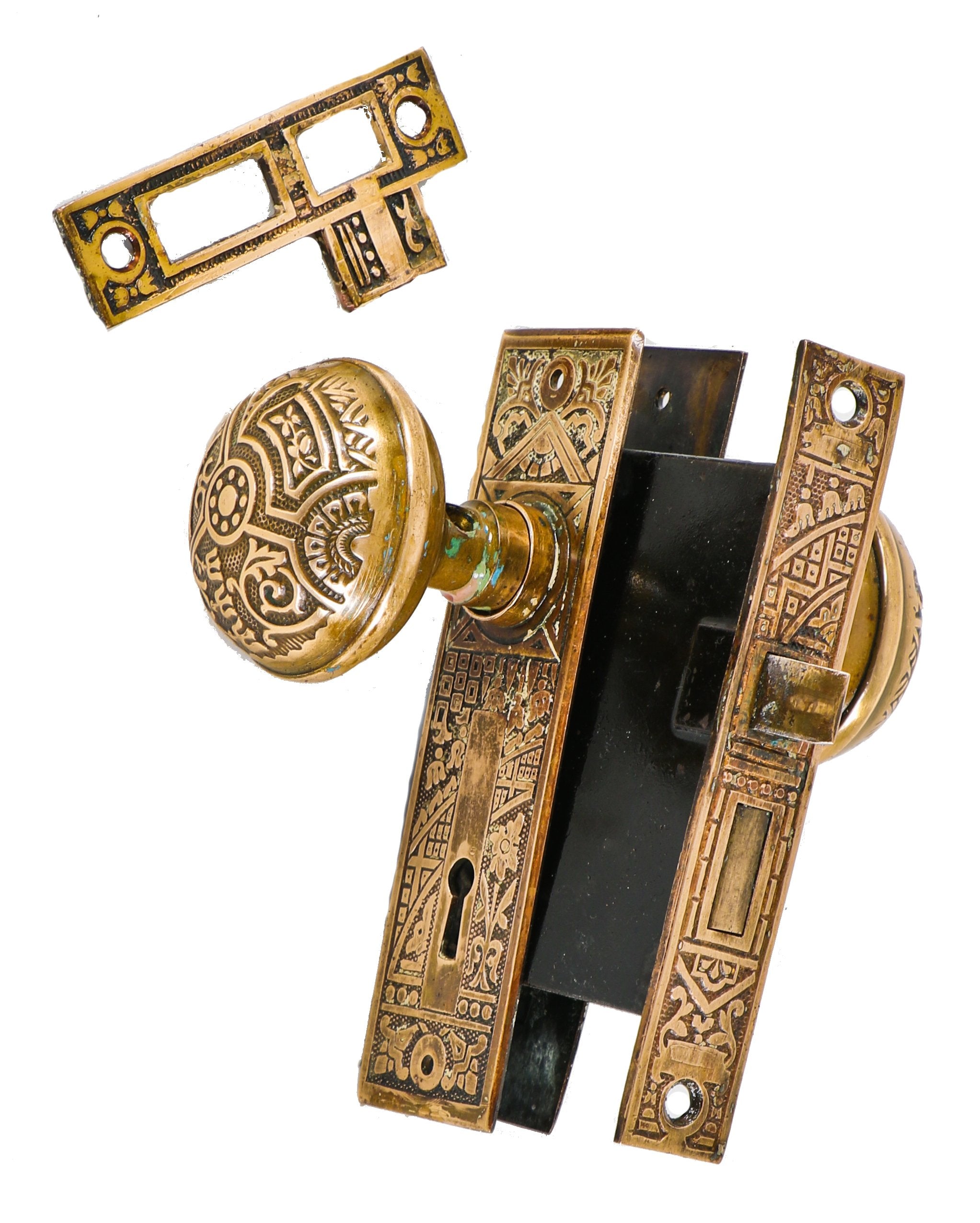 single complete set of original 19th century antique american ornamental yellow brass "ceylon" pattern interior residential passage door hardware with dome-shaped knobs and working mortise lock