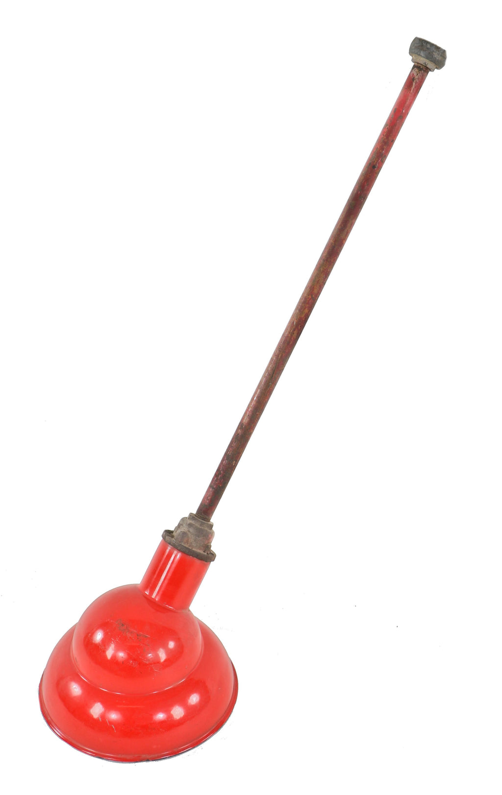 highly desirable cherry red porcelain enameled intact c. 1930's steel chicago service station deep bowl reflector with intact fitter and stem