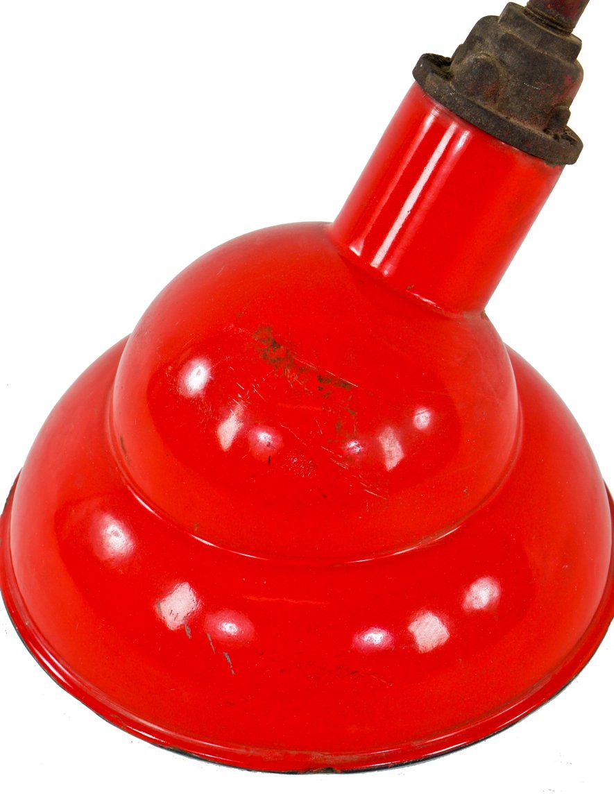 highly desirable cherry red porcelain enameled intact c. 1930's steel chicago service station deep bowl reflector with intact fitter and stem