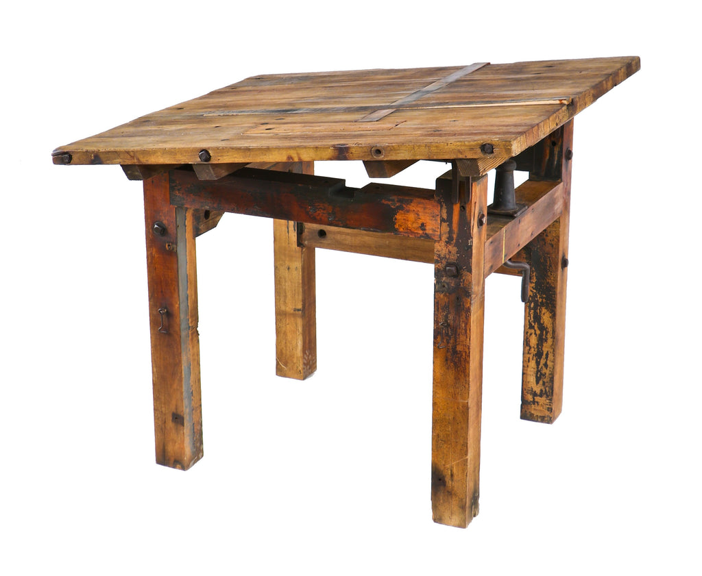 heavy duty all original custom-built early 20th century solid maple wood tilting top factory machine shop four-legged table with through bolt construction