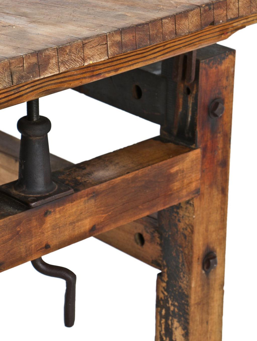 heavy duty all original custom-built early 20th century solid maple wood tilting top factory machine shop four-legged table with through bolt construction