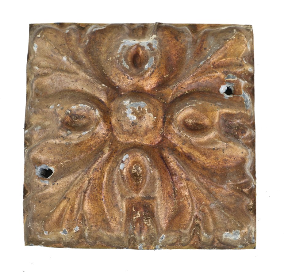 original late 19th or early 20th century intact deeply embossed diminutive stamped ornamental schlitz beer saloon interior ceiling tiles with intact metallic gold enameled finish