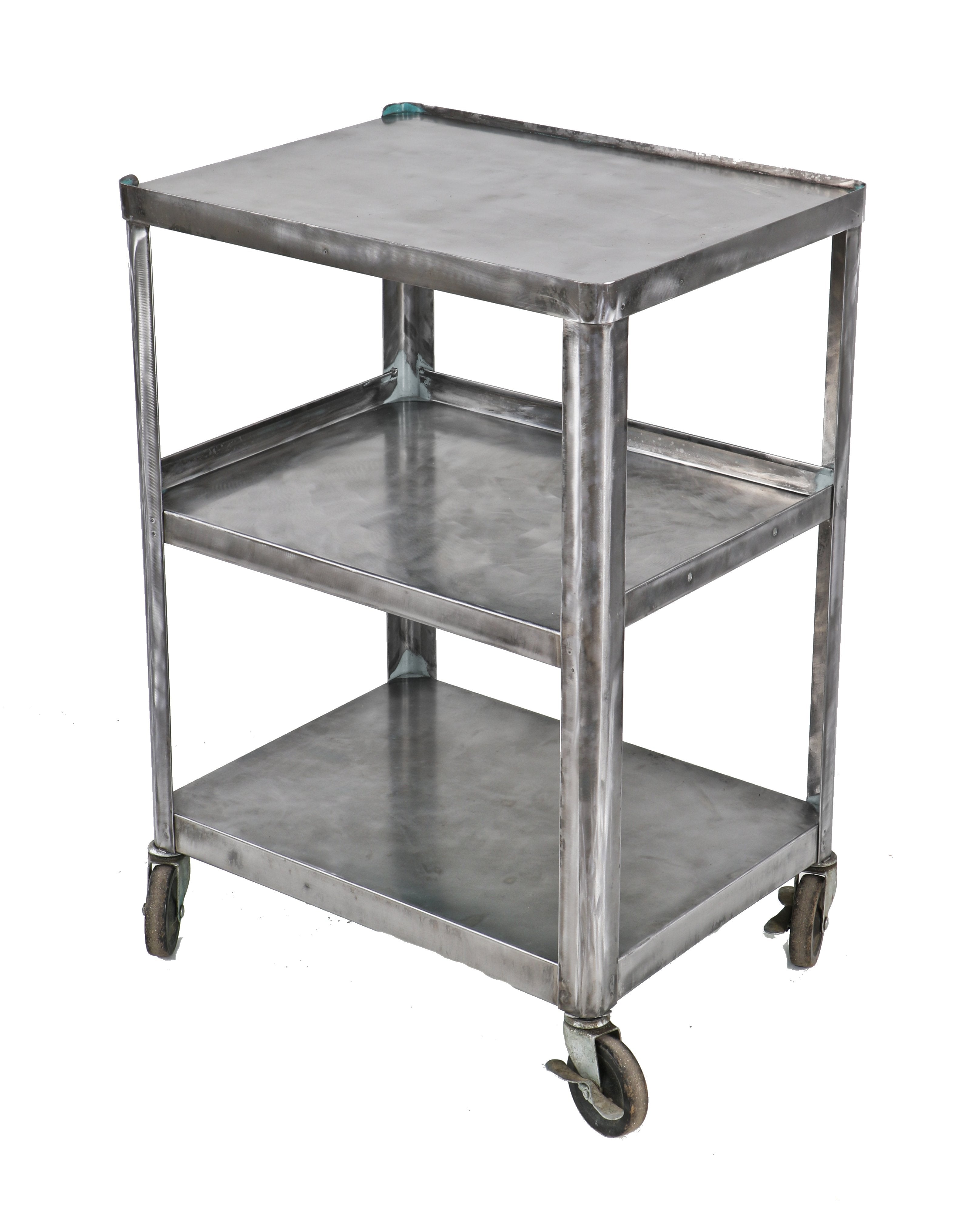 late 1940's refinished three-tier chicago public library rolling all-welded joint steel cart with rail guards and bassick hardened black rubber casters